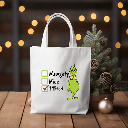 Simpli Must Have Tote Bag Grinch Naughty Nice I Tried Tote Bag