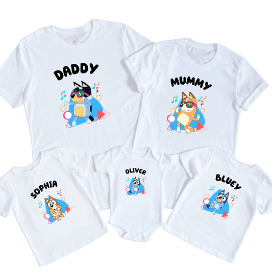 Simpli Must Have tshirt Personalised Dancing Bluey Family Tshirts