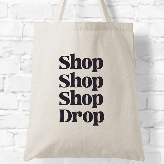 SimpliMust Paper & Plastic Shopping Bags Black Print Shop Shop Shop Drop Tote Bag